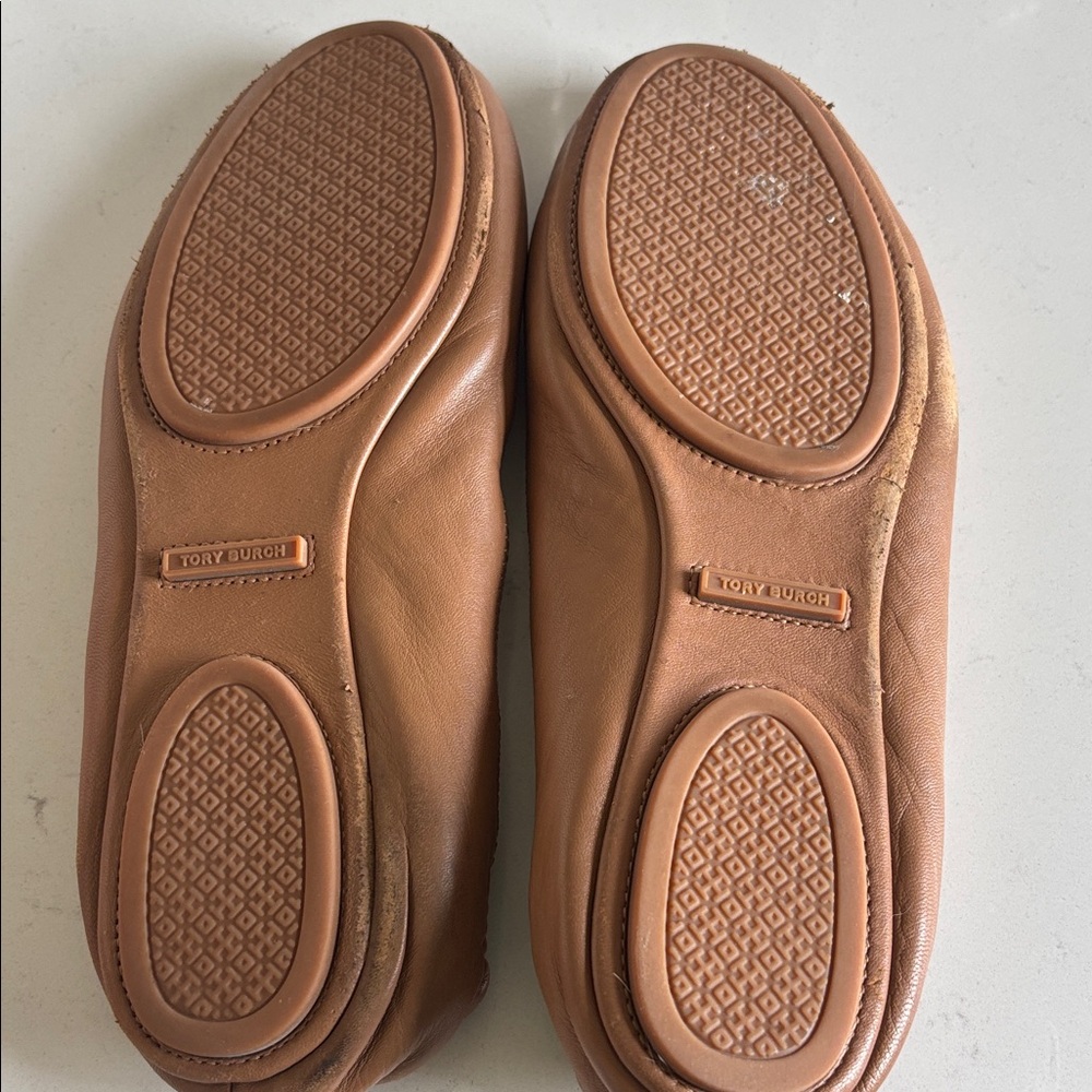 Tory Burch Brown Leather Flats with Gold Emblem - Picture 2 of 6